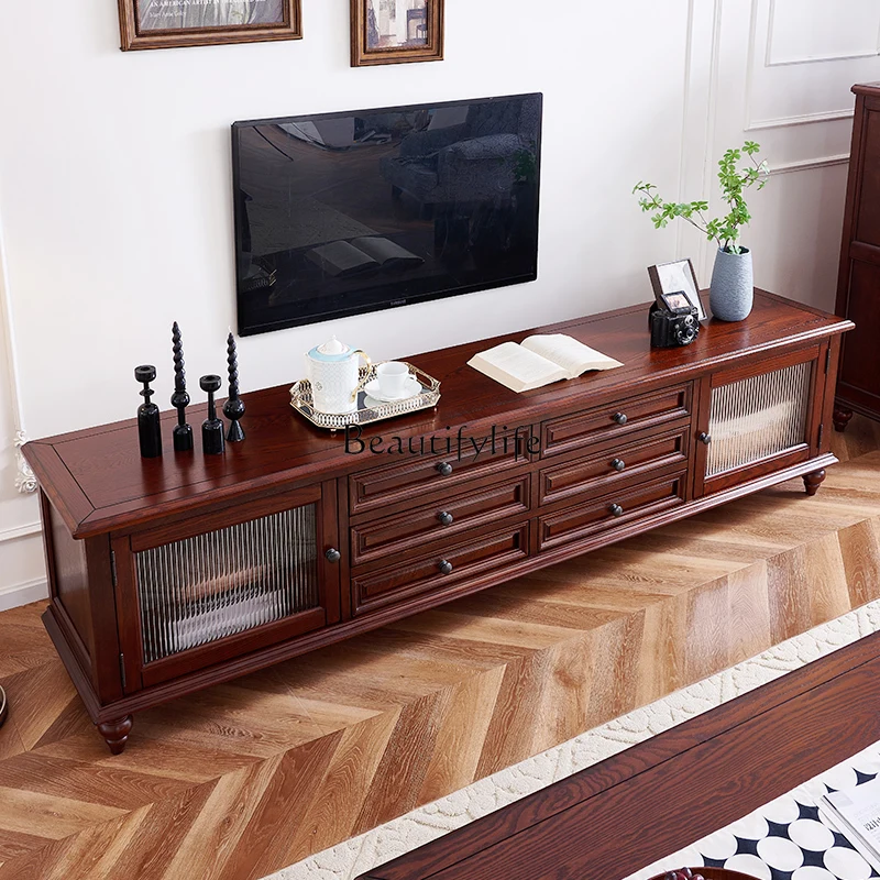 

-*American pure solid wood TV cabinet small apartment retro household coffee table TV cabinet