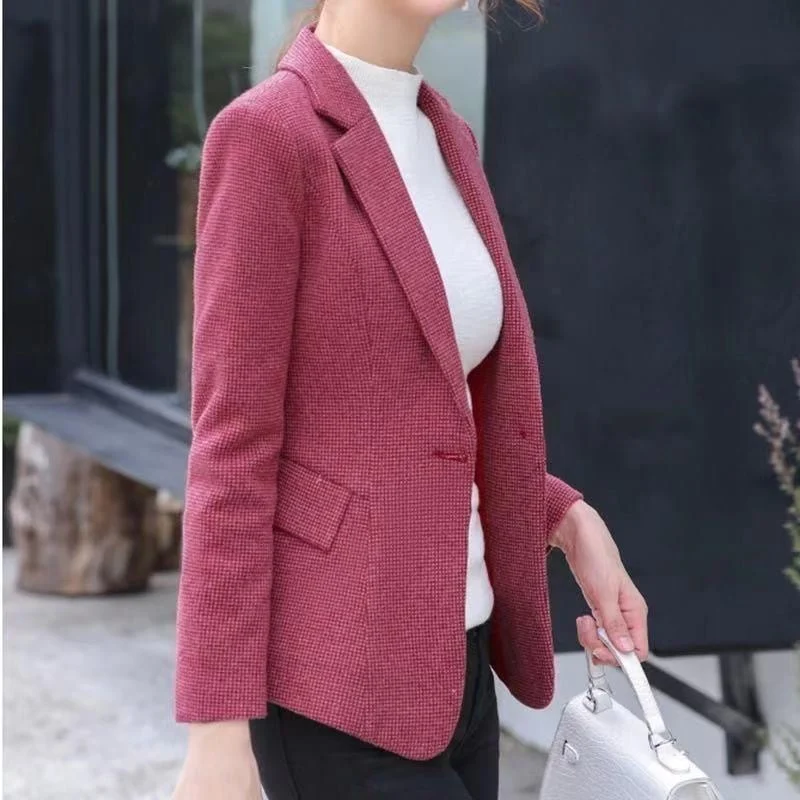 Spring and autumn new long-sleeved woolen small suit slim female slim small coat red woolen suit after warm coat Large size 6XL