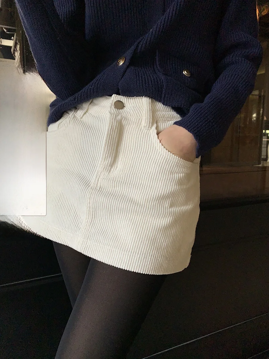 Sinbounboun Retro Corduroy  Skirt Women's High Waist A-Line Slimming Simple Versatile Bodycon Half-length Skirt
