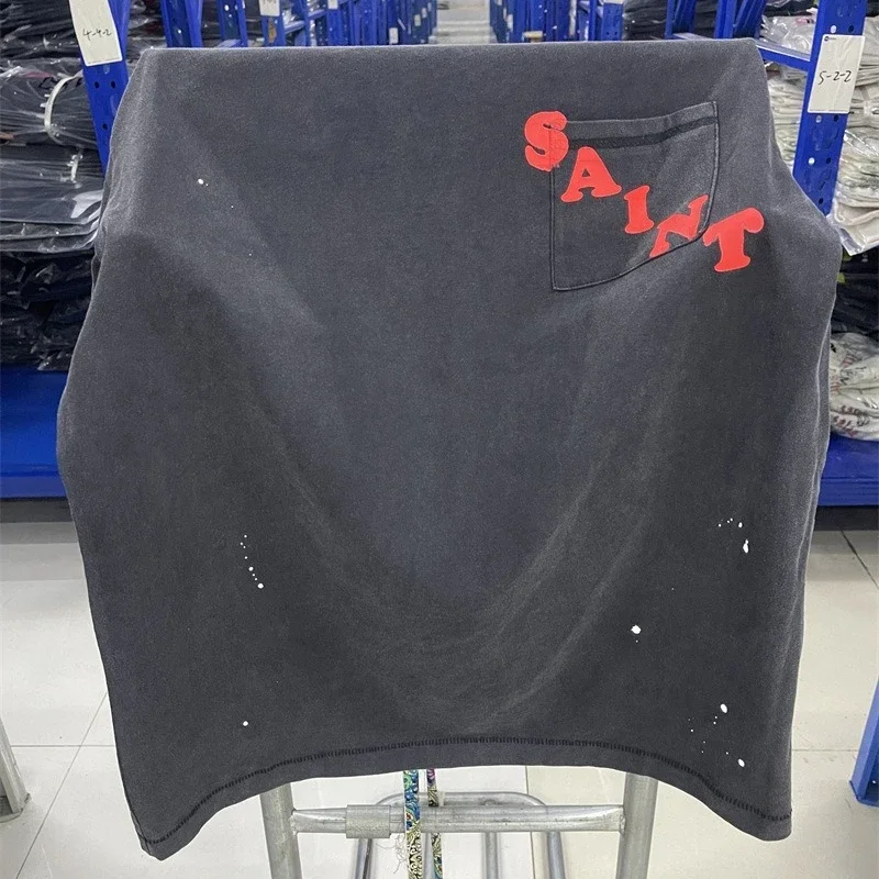 

25SS Black Saint Michael Washed T Shirt Men Women 1:1 High Quality Foam Printing Saint Short Sleeves