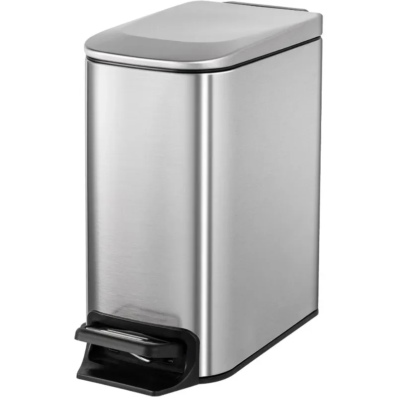 Small Bathroom Trash Can with Lid Soft Close, Step Pedal, 6 Liter / 1.6 Gallon Stainless Steel Mini Garbage Can for Office