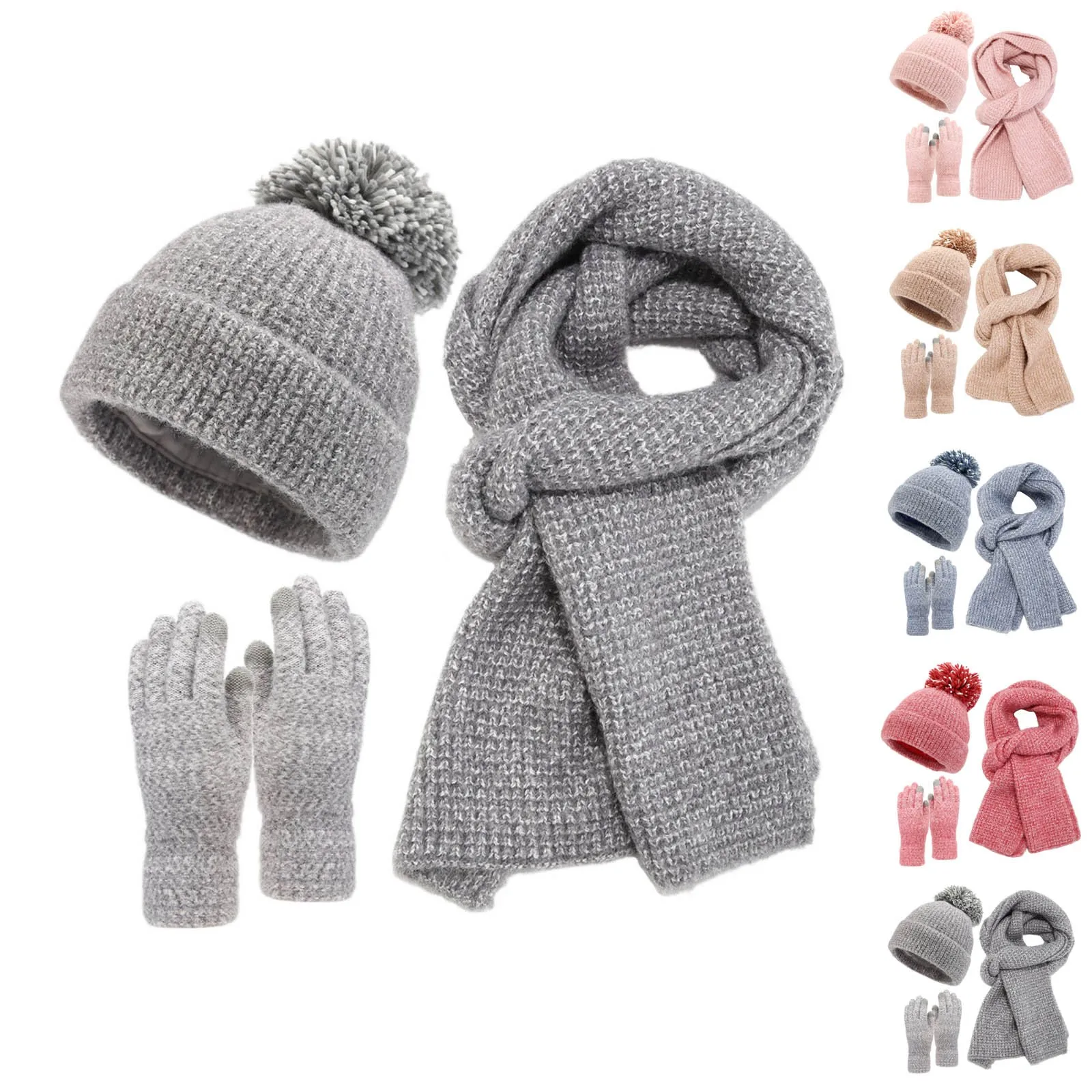 Knitted Three Piece Hats Scarf Gloves Set Autumn Winter Warm Thicken Plush Pompom Ear Protection Cold-proof Cap Glove Women