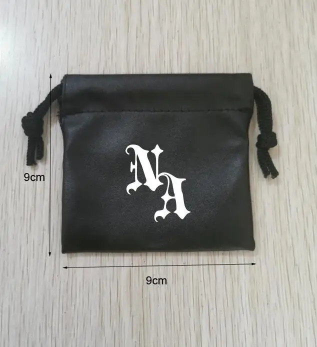 

100 Pieces 9x9cm Drawstring Black PU Leather Bags Jewelry Gift Pouches Printed With White Color Logo Custom Logo