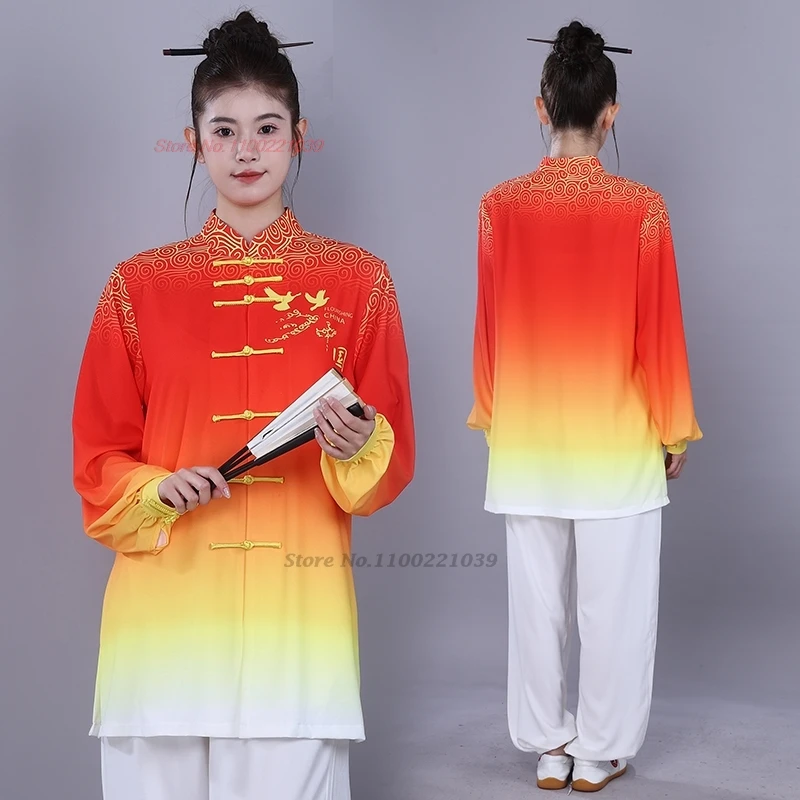 2024 chinese vintage martial art uniform tai chi clothes national gradient color wushu training exercise kungfu tops+pants set