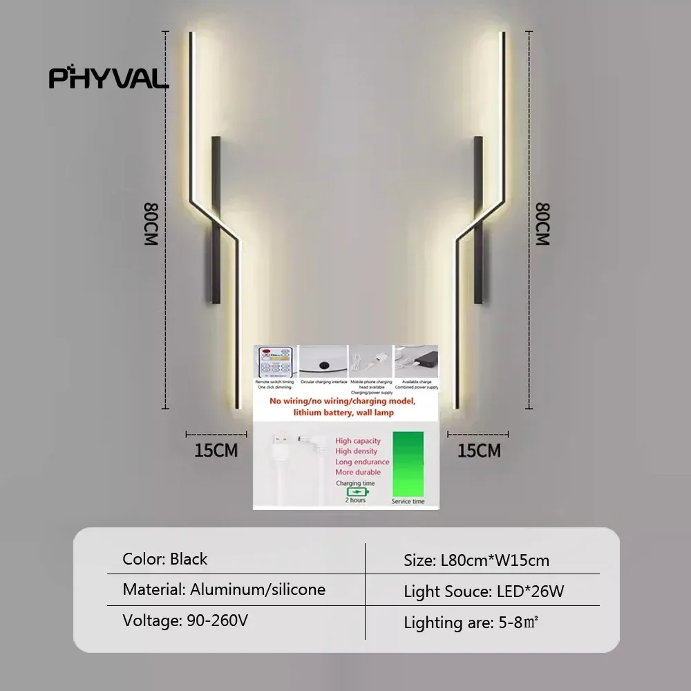 Imagem -04 - Moderno Led Lâmpada de Parede com Controle Remoto Recarregável Simples Dourado Linha Preta Sala de Estar Lâmpadas do Quarto