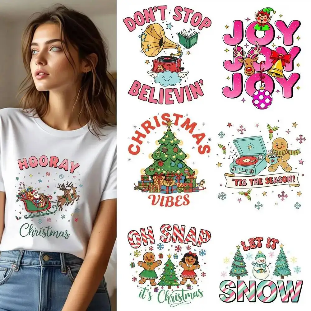25CM Pink Christmas Santa Claus Reindeer Heat Transfer Patches For Clothes DIY A-Level Washable Shirt Iron-on Thermal Stickers