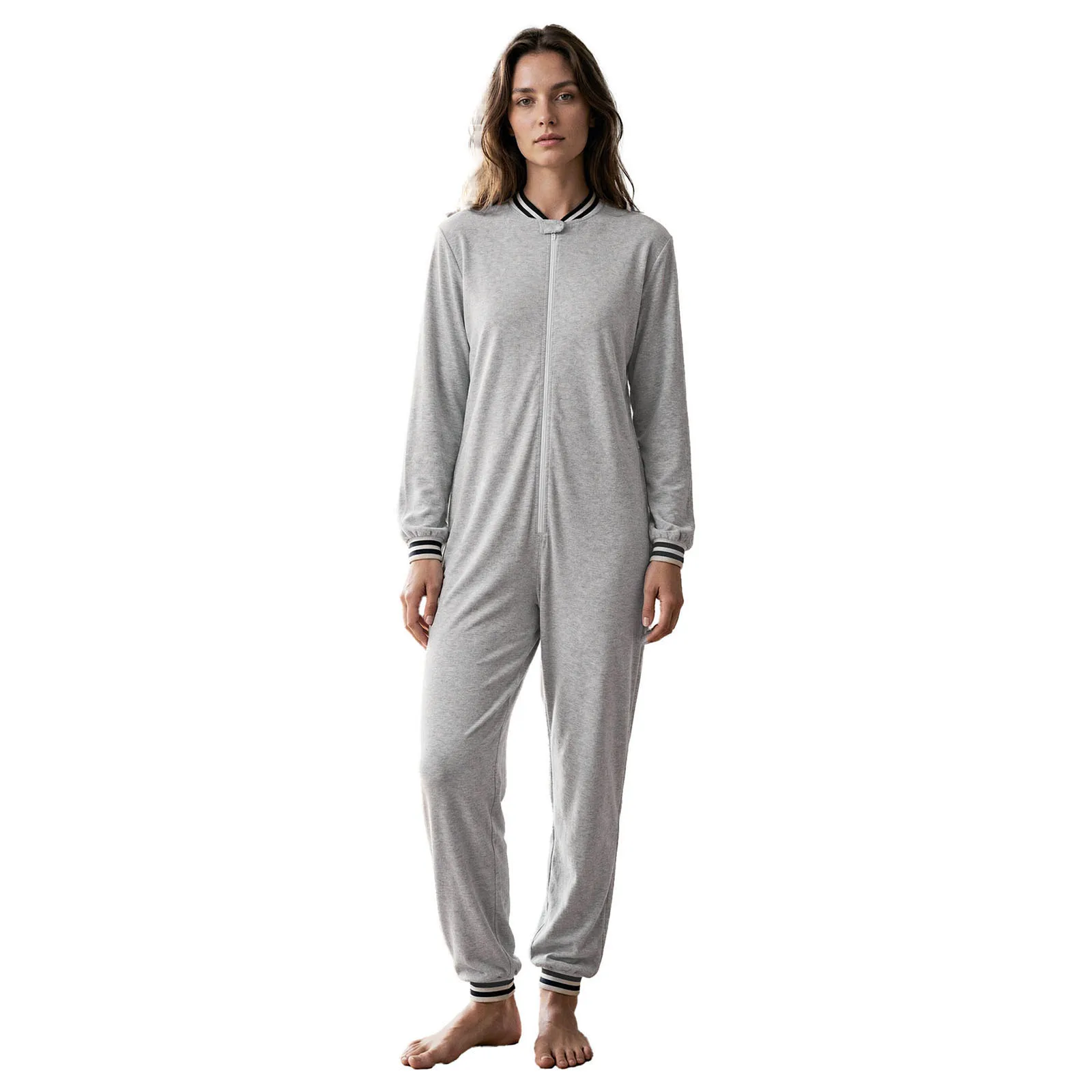 Unisex Men Women Elderly Adaptive Jumpsuit Legs Long Sleeve Anti-strip Bodysuit Zip Waist Nursing Jumpsuit Homewear Sleepwear