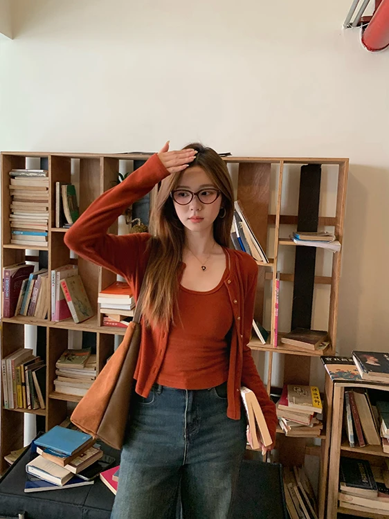 

Chen Wenwen Xenl Rila Girl Small Size Long Sve Slimming Fce Vest Cardigan Two-Piece Set Women Casual Sle round Ne B...