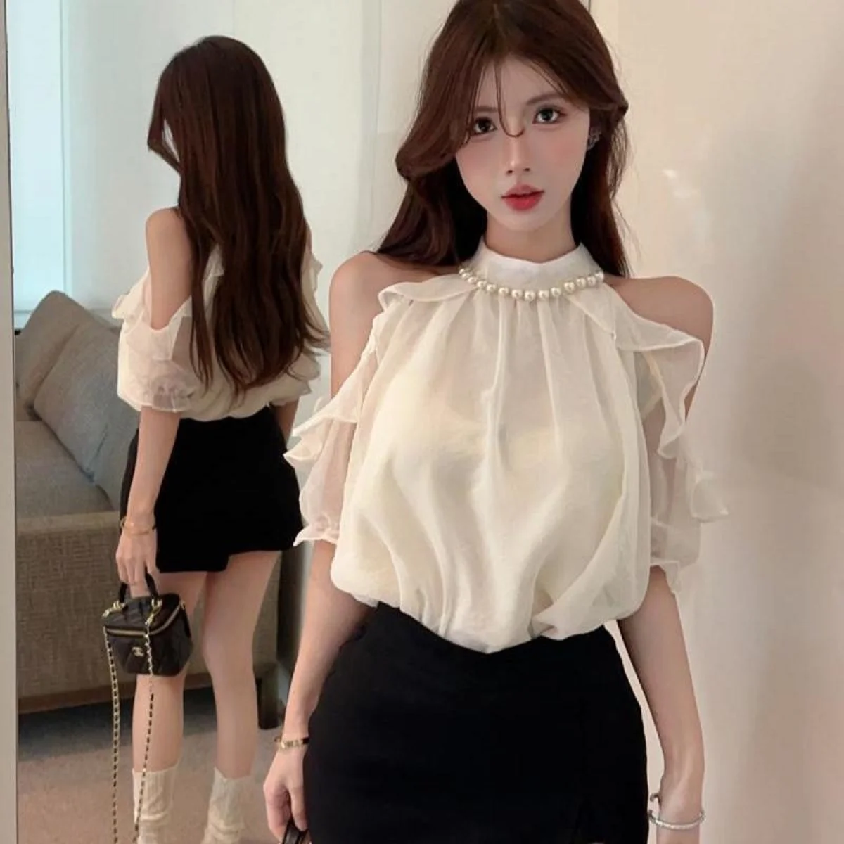 Summer Blouses Korean Fashion Style Shulderless Chiffon Solid Color Pullover off Shoulder Sweet Elegant Femme Tops