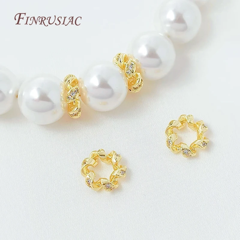18K Gold Plated Twisted Spacer Beads Micro Pave Clear Zircon Hollow Ring Beads For Pearl Bracelet Necklace DIY Jewelry Findings