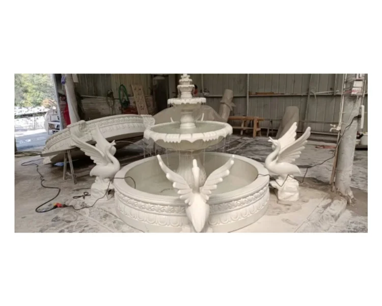 Outdoor Garden Simple Natural Stone 3 Tier White Marble Water Fountain With Bird Design