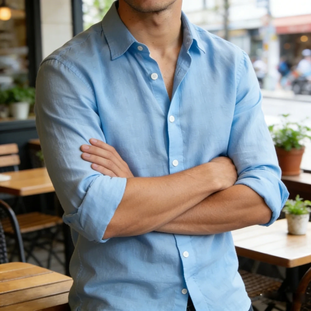 Chemise noire décontractée pour hommes, couleur unie, tissu en lin à manches longues, chemise formelle d'affaires, tissu confortable pour hommes