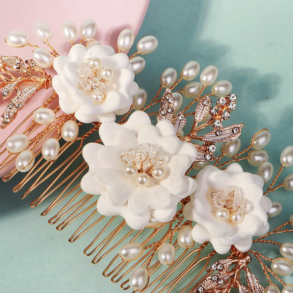 Elegante weiße Polymer Clay Blumen Damen Haarkämme Mode Kristall Perle Haarnadeln Braut Hochzeit Kopfschmuck Schmuck – Detail 24
