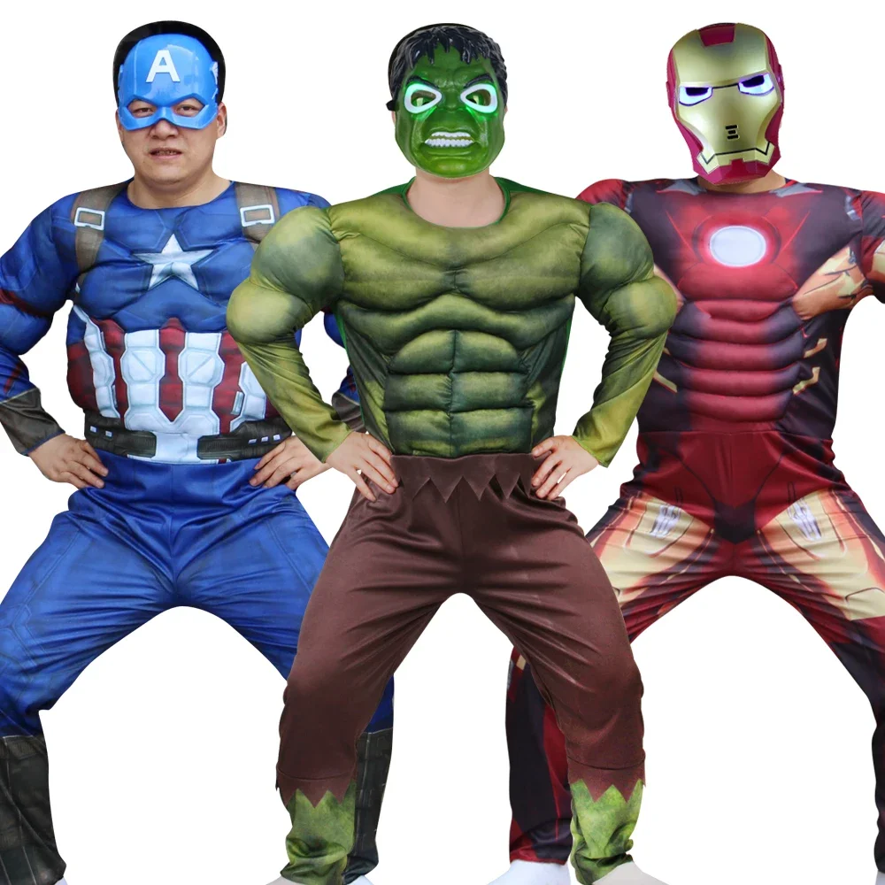 

Avengers Superhero Muscle Costume Hulk Ironman Cosplay Costumes Lithting Mask Jumpsuit Boys Birthday Party