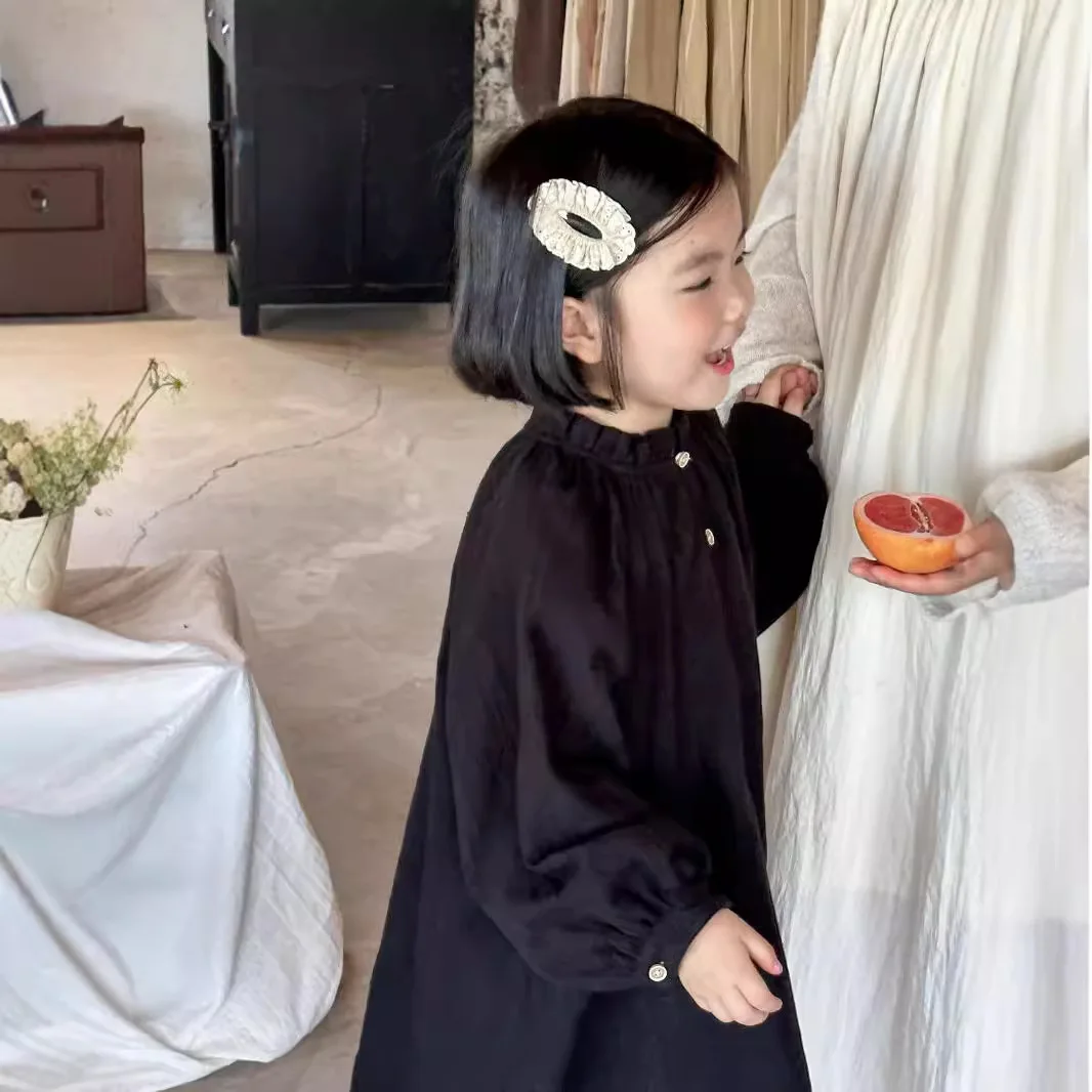 Children Skirt 2024 Autumn New Product Korean Children Clothing Korean Vintage Loose Long Sleeve Lace Edge Black Girls Dress