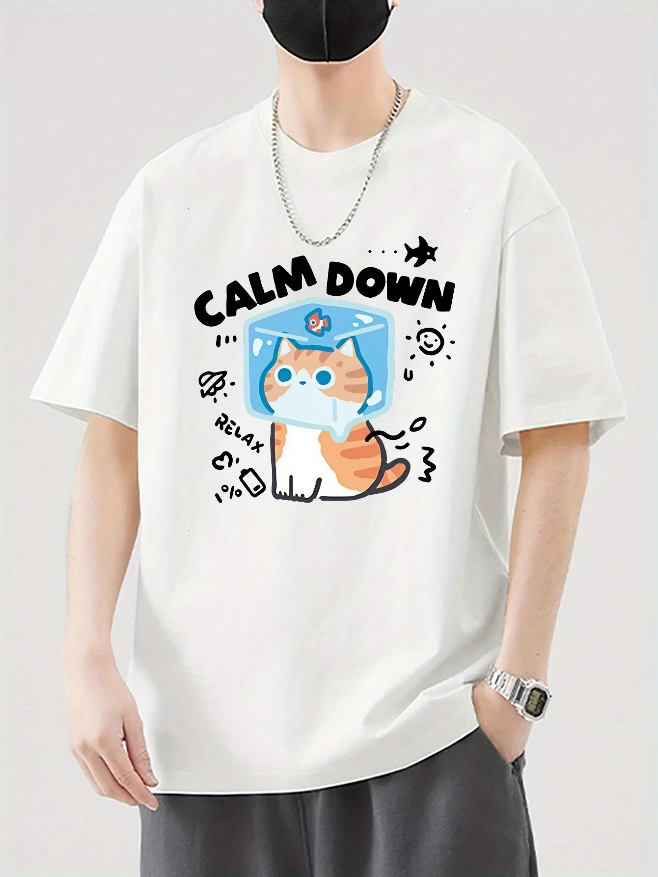 

Мужская дышащая хлопковая футболка с принтом милого кота — удобная повседневная летняя футболка