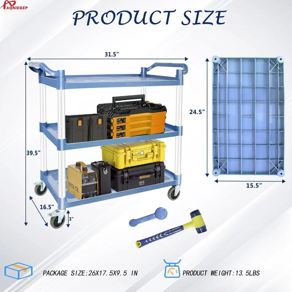 Robuster 510 lbs 3-stufiger Küchenwagen mit feststellbaren Rädern für Restaurant, Büro, Grau
