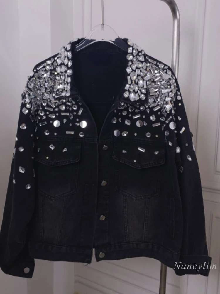 

Studded Black Denim Jacket Woman Fashion Brand Designer Model Heavy Industry Rhinestone Beaded Sequins Street Diamond Jean Coat