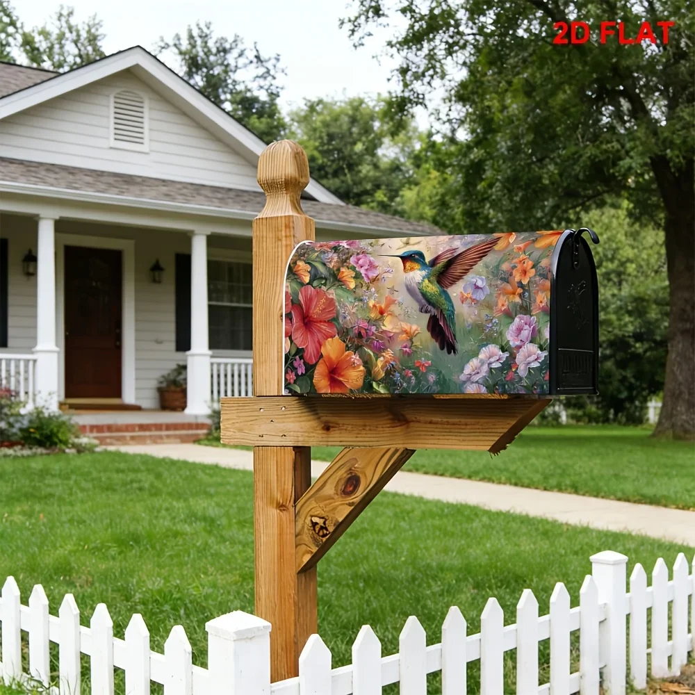 1pc Hummingbird mailbox cover with colorful tropical flower design, suitable for outdoor mailbox decoration for yards, gardens.