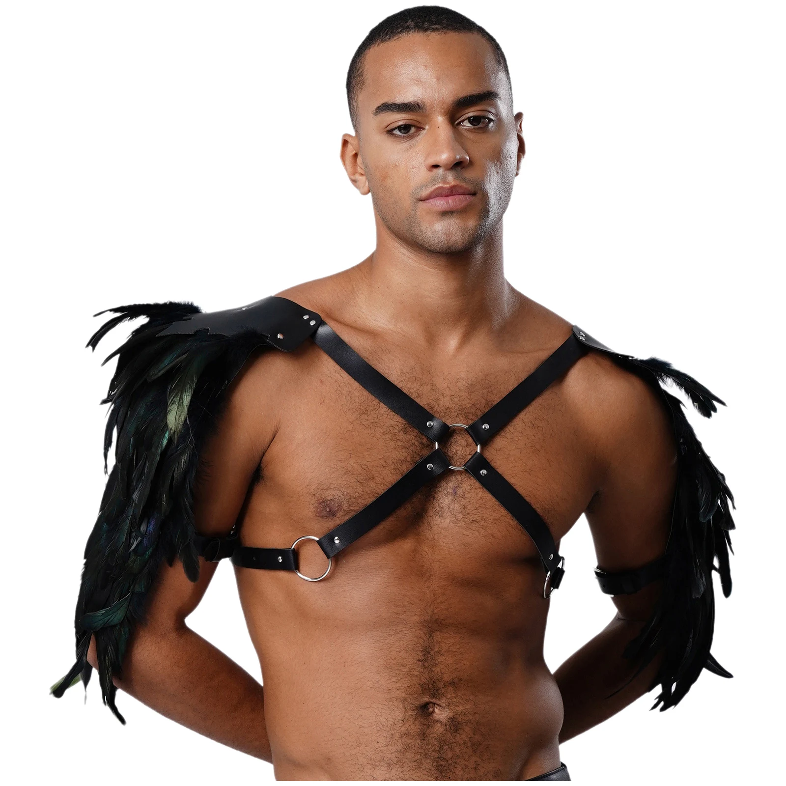 Männer Gothic Punk Feder Schulter Rüstung PU Leder Nieten O-ring Riemen Brust Harness Halloween Mittelalterlichen Viking Cosplay Zubehör