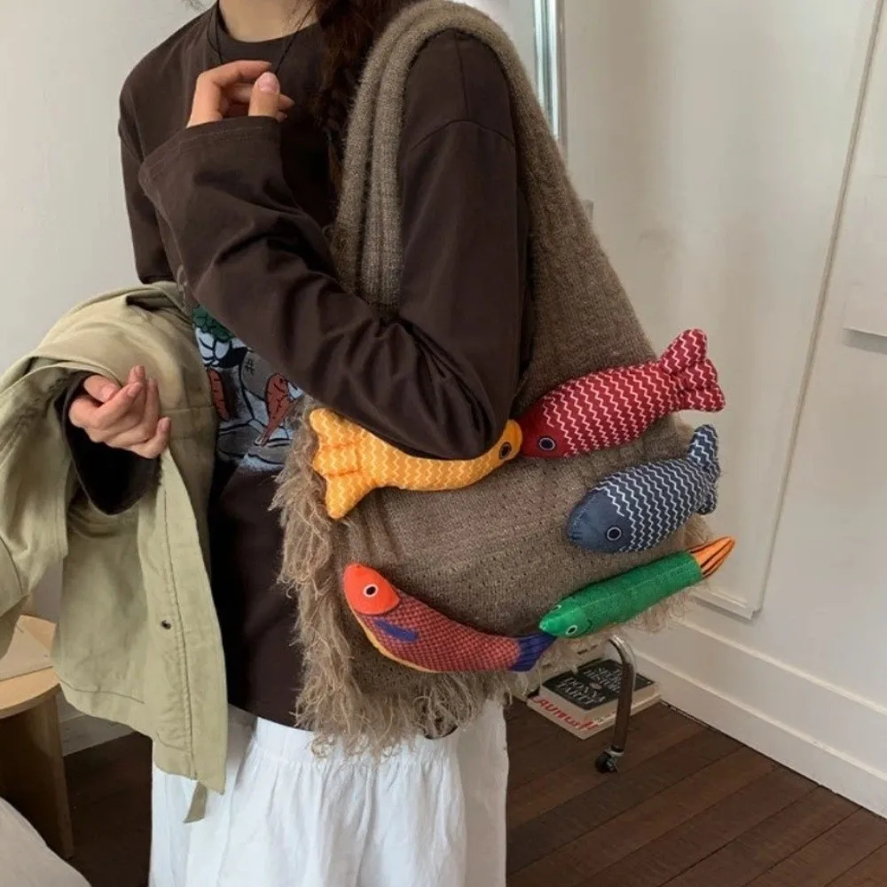 

Универсальная повседневная тканая сумка с рыбным узором, большая вместительная вязаная сумка-тоут контрастного цвета, корейский стиль, сумки на плечо в стиле бохо, повседневное использование