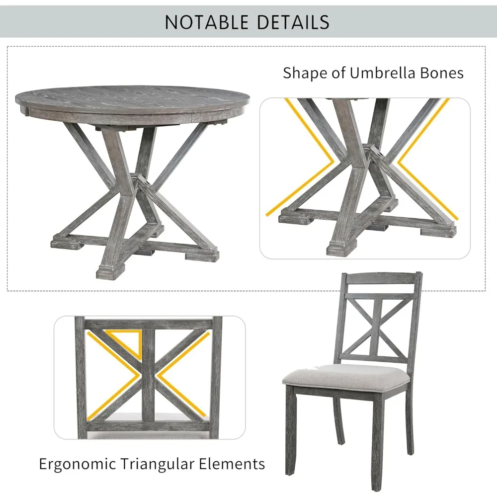 طقم طاولة طعام مستديرة قابلة للتمديد مكون من 5 قطع مع 4 كراسي منجدة