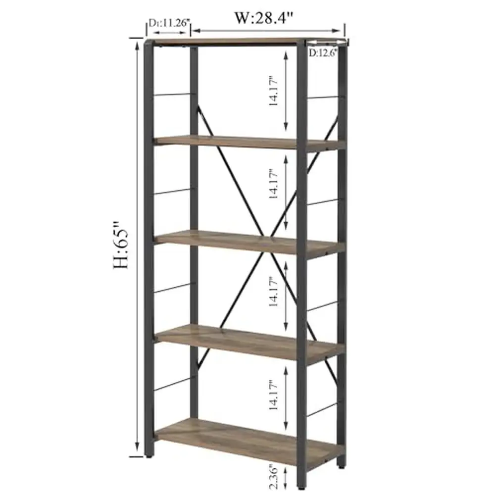 5 Tier Industrial Vintage Wood Metal Bookshelf Oak Home Office Bedroom Open Shelf Rectangular 125 lbs Capacity 12.6"D x 28.4"W x