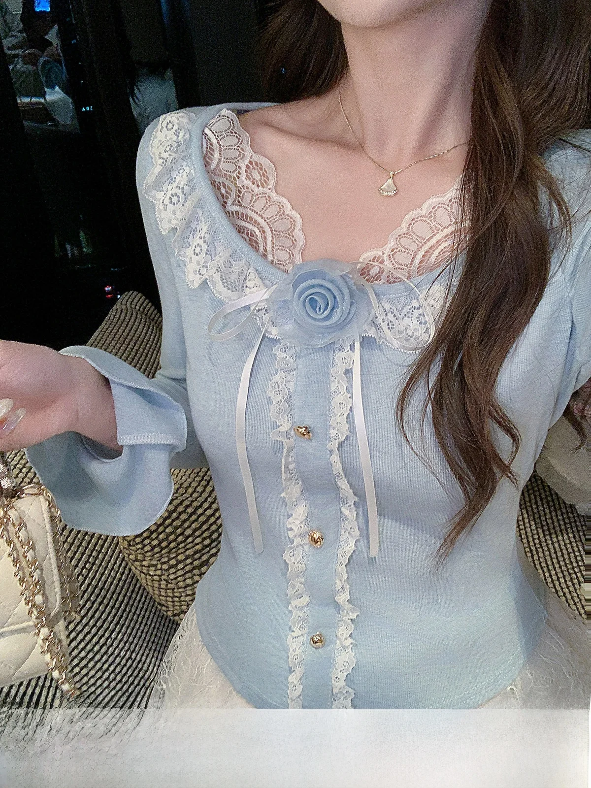 

Женский облегающий вязаный свитер Pure Desire с кружевом и длинными рукавами во французском стиле, весенняя новинка