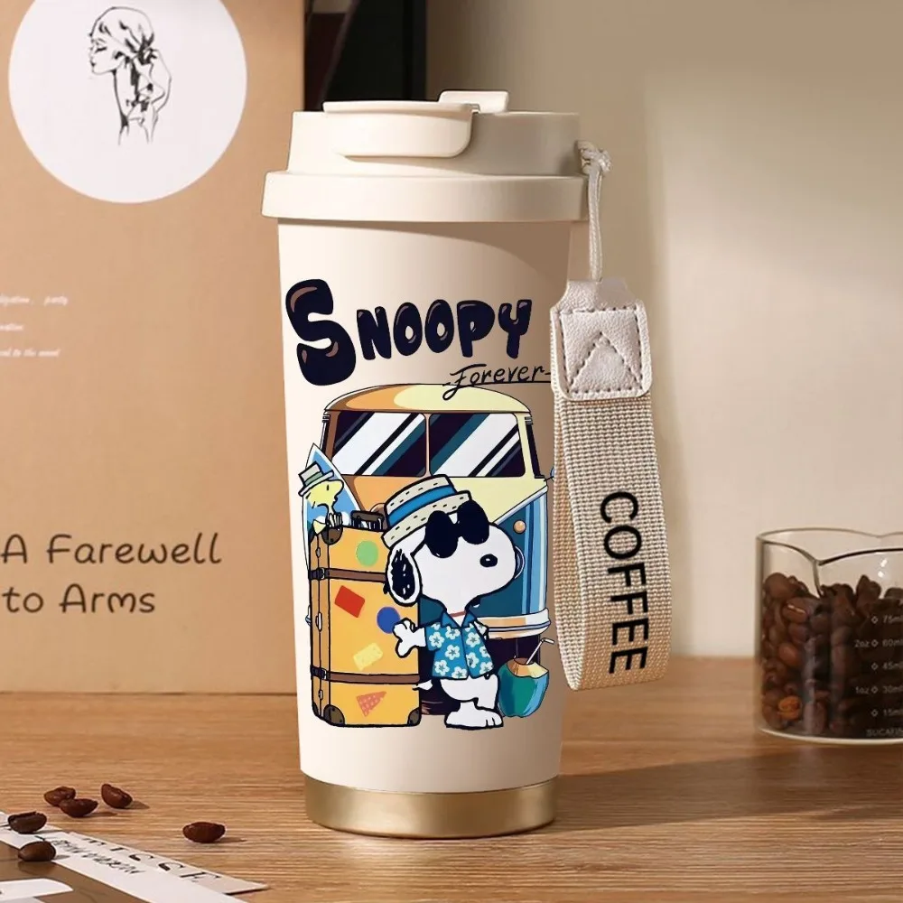 Snoopy Cartoon Thermos Cup Boys and Girls High Value Stainless Steel Cold Coffee Cup Car Large Capacity Straw Cups