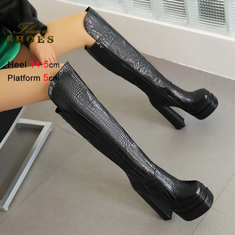 

2026 Fashion Side Zipper Autumn Winter Black Women's Ankle Boots Square Toe Thick Heels 14.5cm Platform 5cm Ladies Long Boots CD