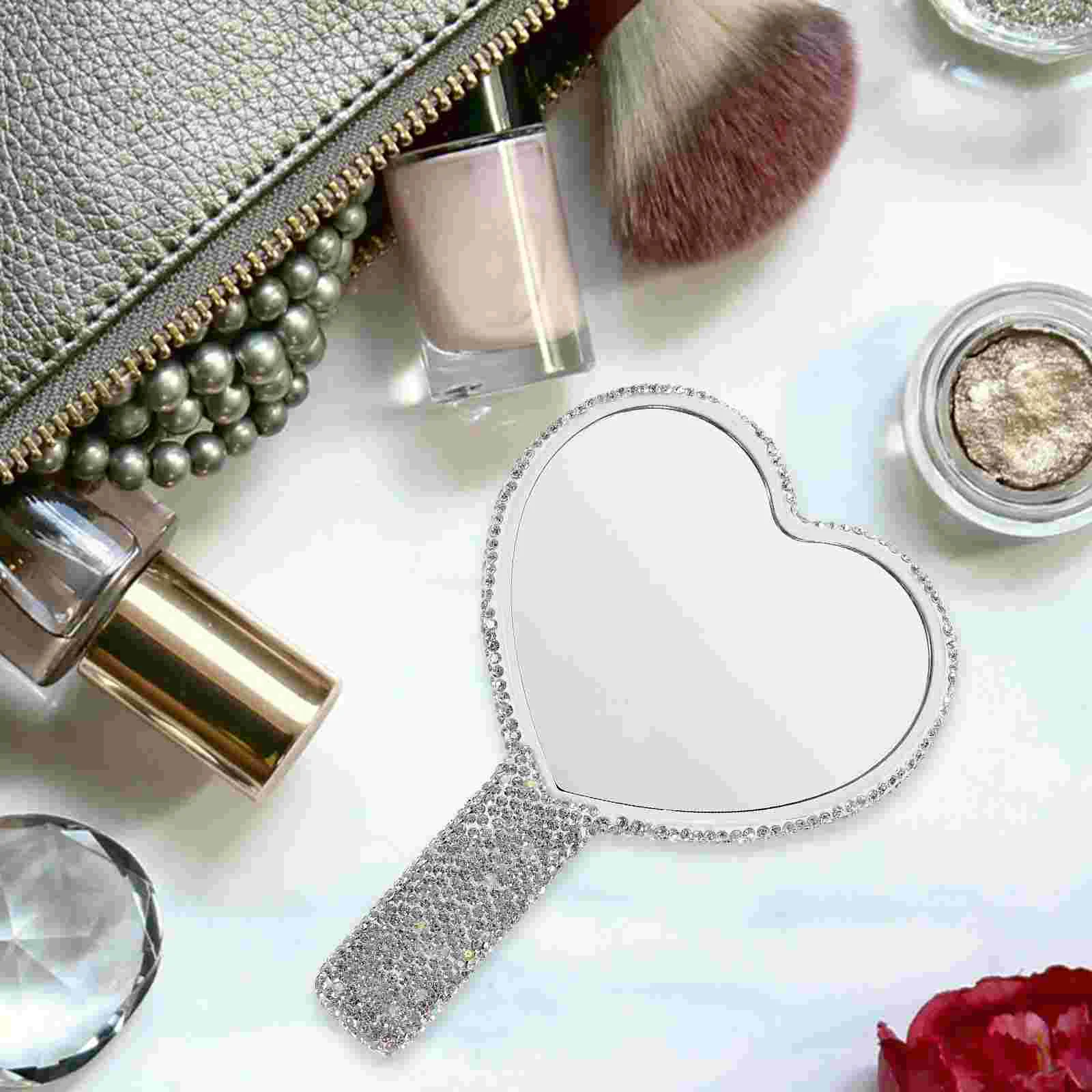 Vanity Mirror Travel Tote Crystal Makeup Cute Hand Handheld Heart Shaped for Women Compact Mirrors with Handle