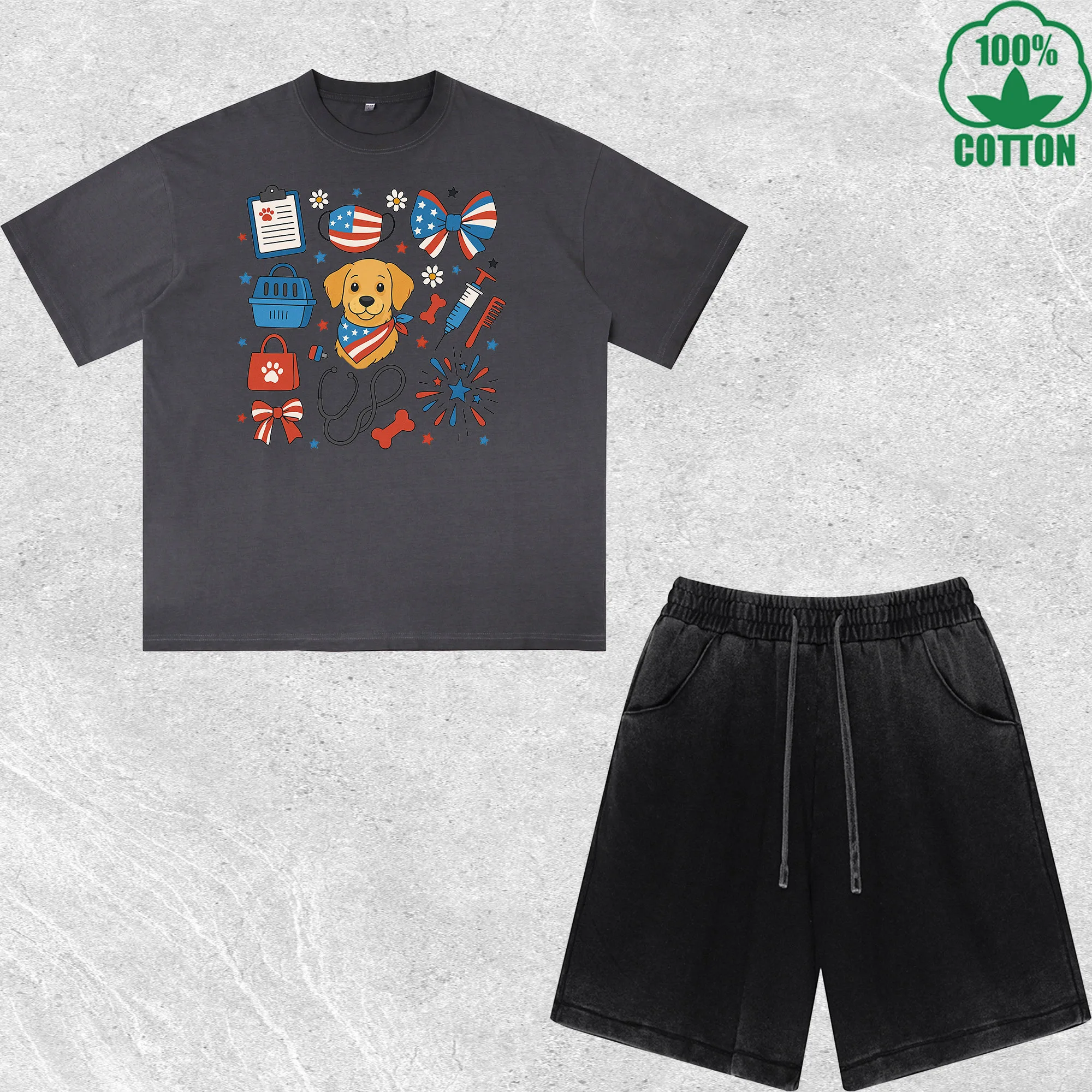 

Happy Independence Day Printed Dirty Wash T-Shirt Shorts Set Multicolor Combo Loose Trendy 100%Cotton