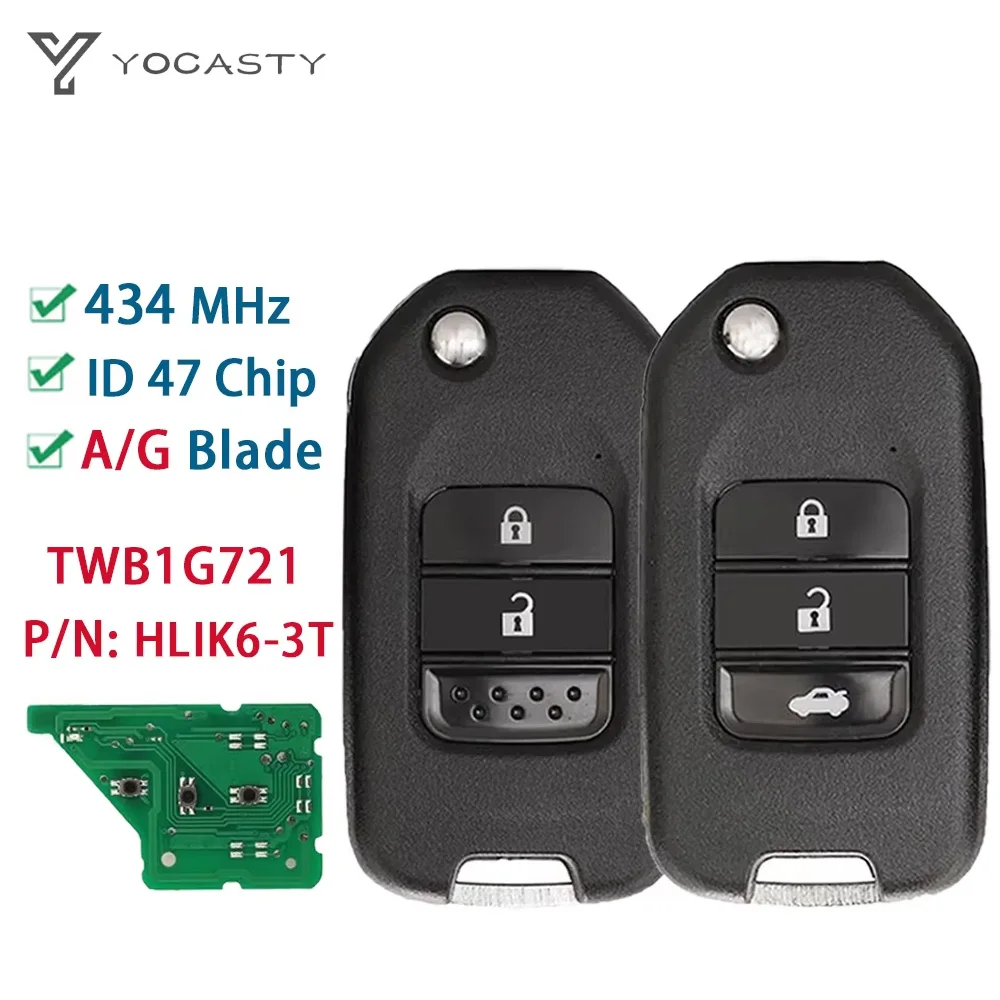 

YOCASTY Flip Remote Key 433Mhz ID47 Chip For Honda Accord Civic City CRV Jazz XR-V Vezel HR-V FRV A/G Blade HLIK6-3T TWB1G721