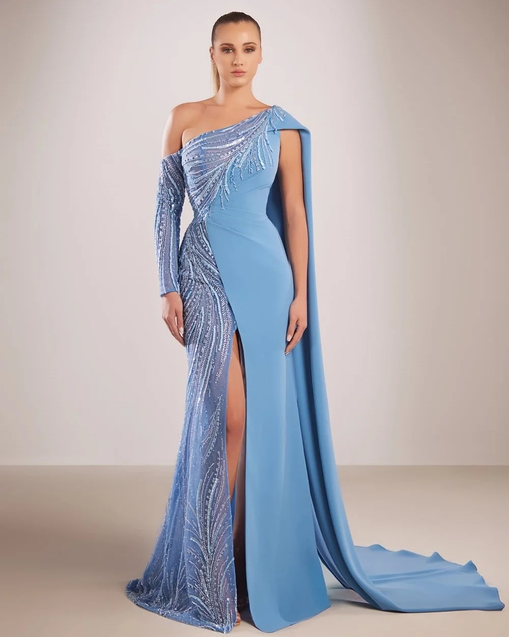 

Customized High Quality Intricate Jersey Beading Sequined Mermaid One-shoulder Long Dresses Bespoke Occasion Dresses Fashion