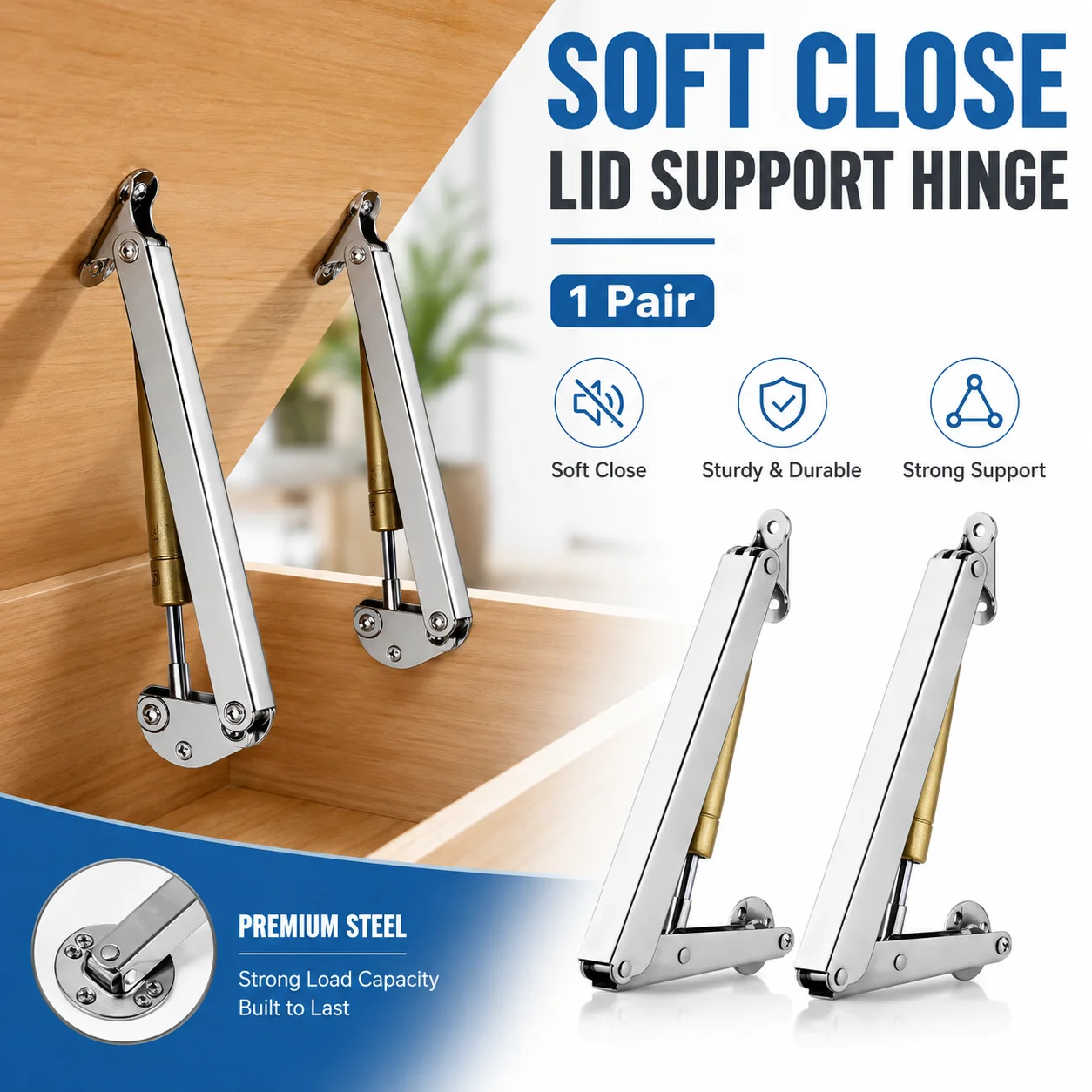 2 Pack Lid Support Hinges, 6KG-20KG Soft Close Gas Struts for Chest Cabinet Toy Box, Slow Lowering Safety Lid Stay