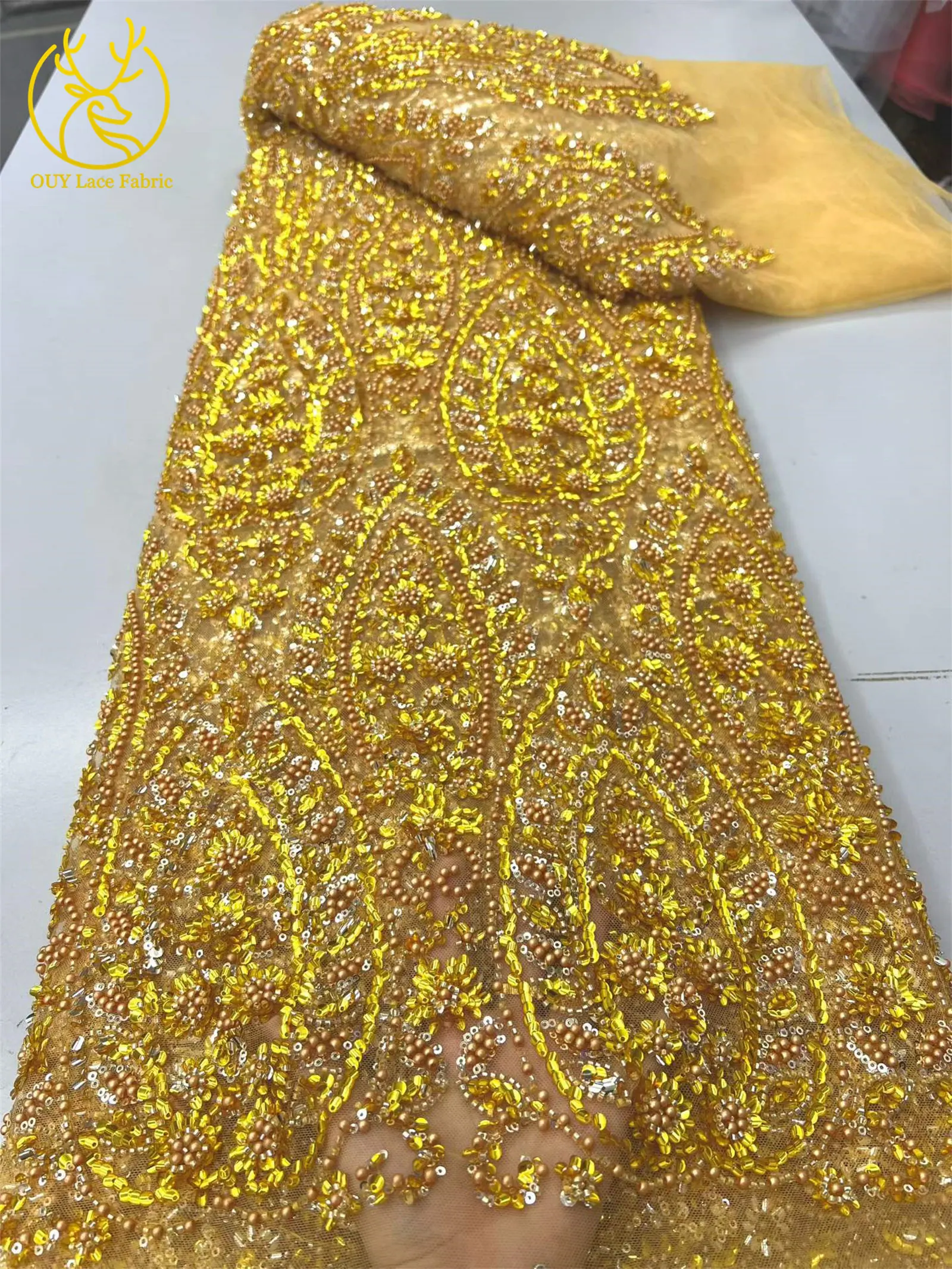 Nigerianischer Exquisiter Luxuriöser Spitzenstoff 2026, 5 Yards Afrikanischer Spitzenstoff mit Französischen Pailletten und Perlen, Tüllstoff für Kleider und Näharbeiten – Detail 5