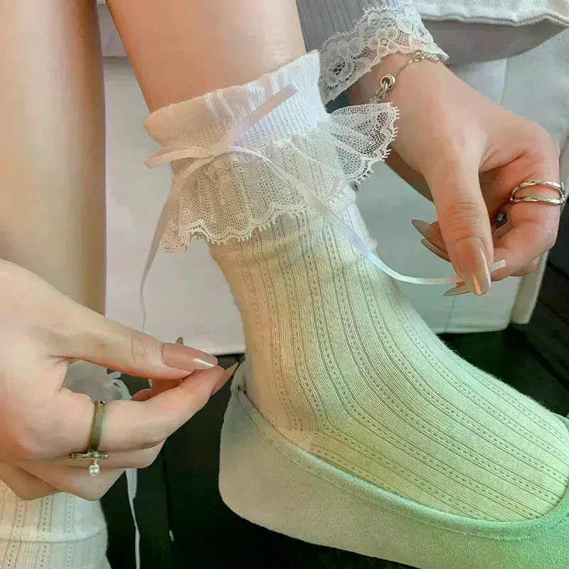 Bow Lace Socks For Women Summer Thin Breathable Sweat-absorbing Mid-calf Socks Ballet Style Socks Sweet