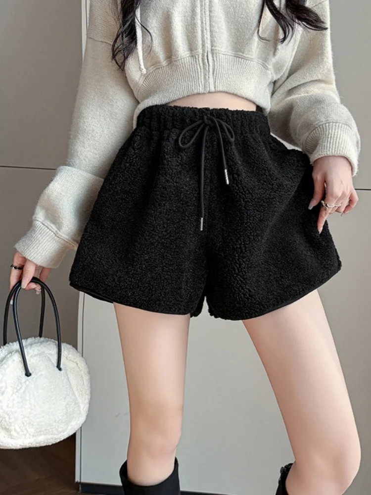 SMTHMA, nuevos pantalones cortos de lana de cordero para otoño e invierno para mujer con cordón, pantalones de pierna ancha con cintura elástica