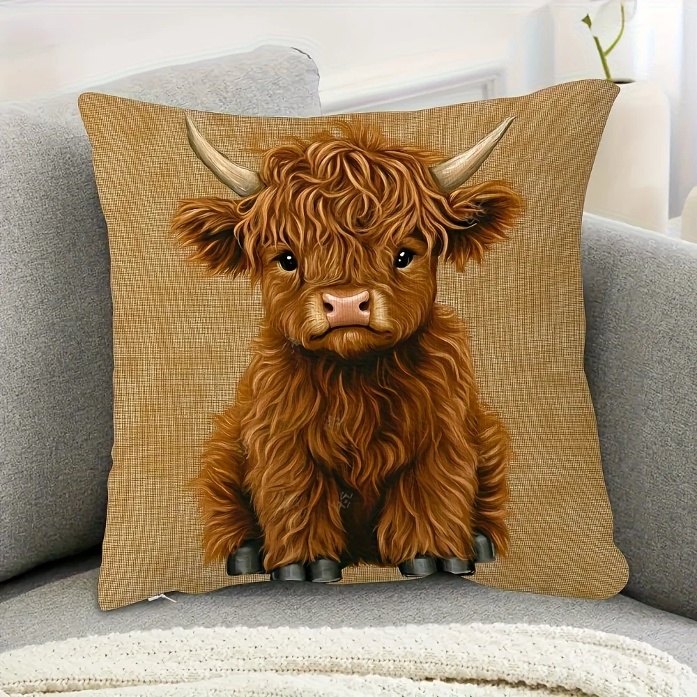 1pc Baby Highland Cow Themed Printed Throw Pillow Cover, Suitable for Sofa, Bedroom, Living Room, a Fun Gift for Animal Lovers.