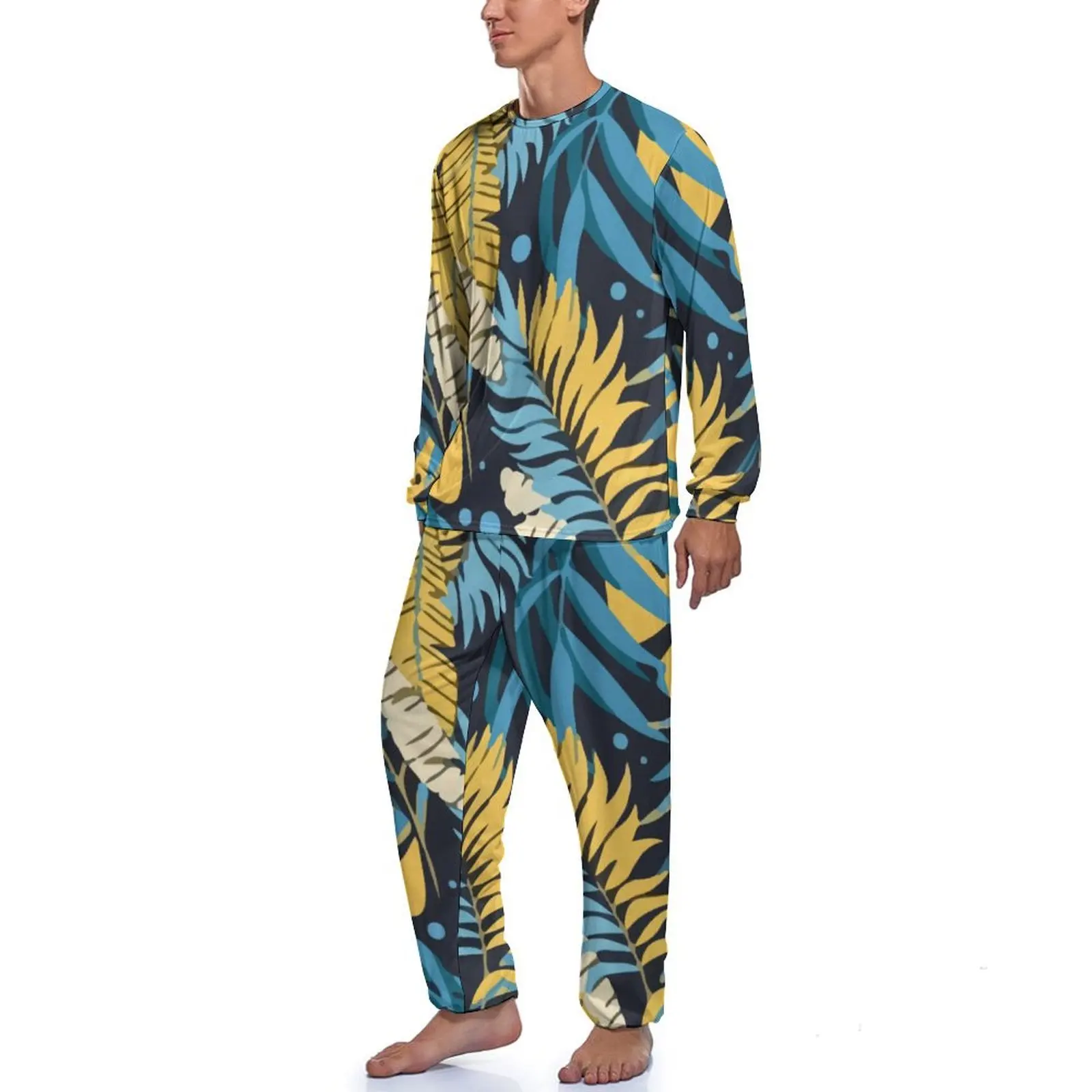 Original Tropical Pajamas Long Sleeves Yellow Palm Leaves 2 Pieces Sleep Pajamas Set Winter Men Design Elegant Home Suit