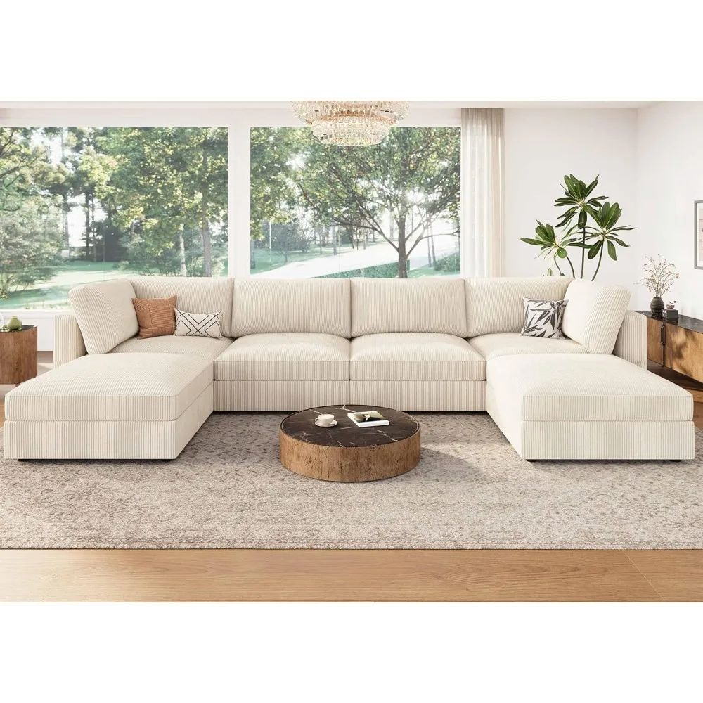 

Modular Sectional Couch with Storage Corduroy Sectional Sofa with Chaise U Shaped Sectional Couches for Living Room,Beige