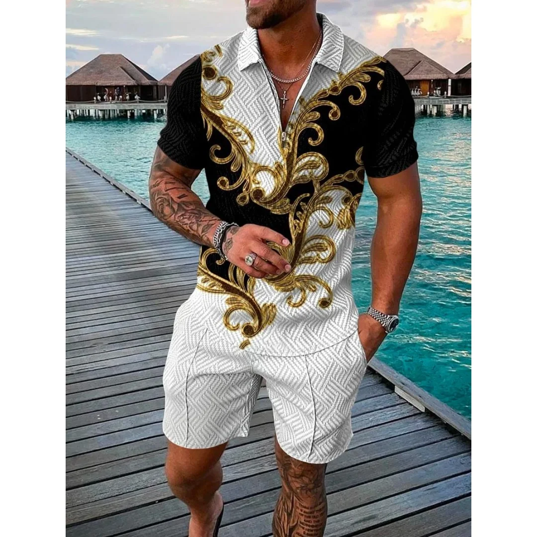 

Men Zipper Collar Polo Shirt And Shorts 2pcs Sets Street T-shirt Piece Casual Sportswear Ropa Hombre 3D Vintage y2k Man Clothing
