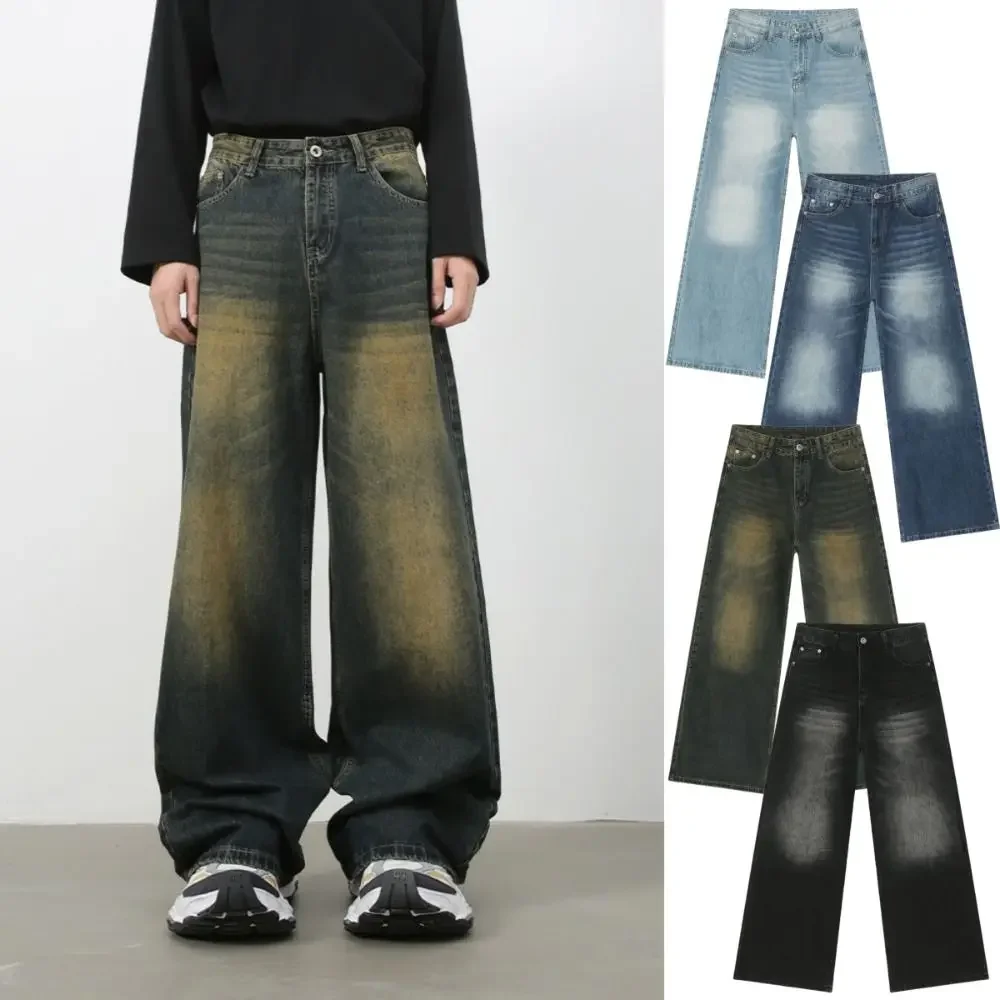 

INS Casual Mens Straight Leg Jeans High Waist Distress Wide Leg Jeans Men Streetwear Baggy American Vintage Jeans Daily