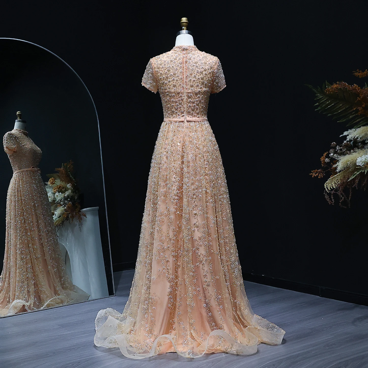 Sharon Said Elegant Embroidered Peach Evening Gown with Bow Luxury Beaded Arabic Women Wedding Party Dress SS304 Customized
