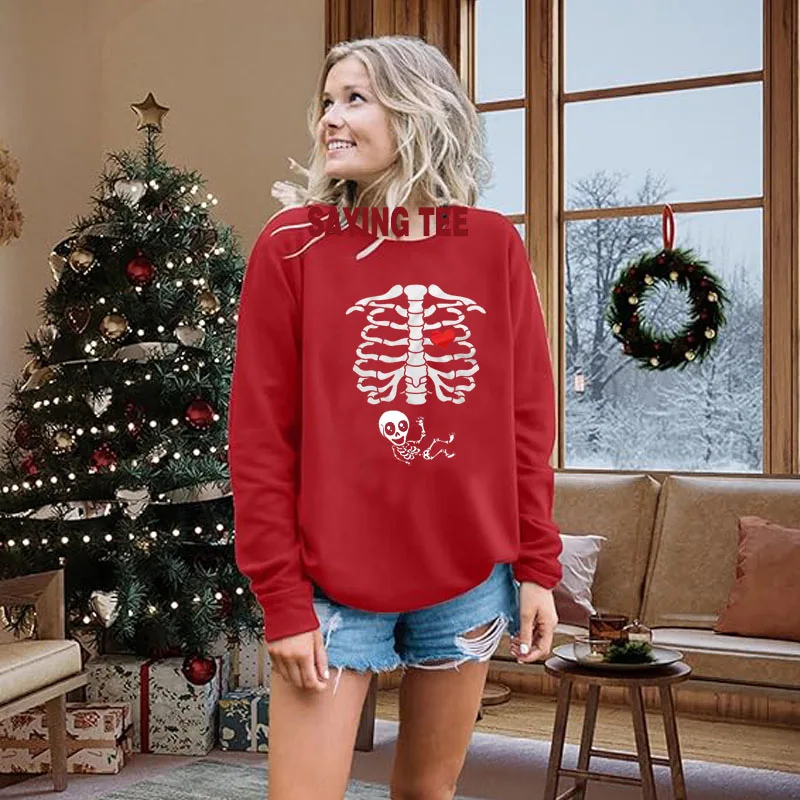 Mutterschaft Halloween Skelett T-Shirts Paar Röntgen Baby Schwangerschaft Pullower Pullover Herren Burger Essen Schwangerschaft Ankündigung Top – Detail 6