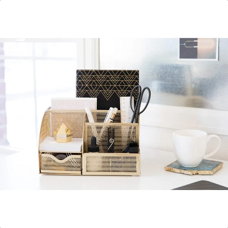منظم مكتب ذهبي مع درج صغير علبة مكتب وملحقات حامل قلم رصاص للوازم المكتبية والملحقات
