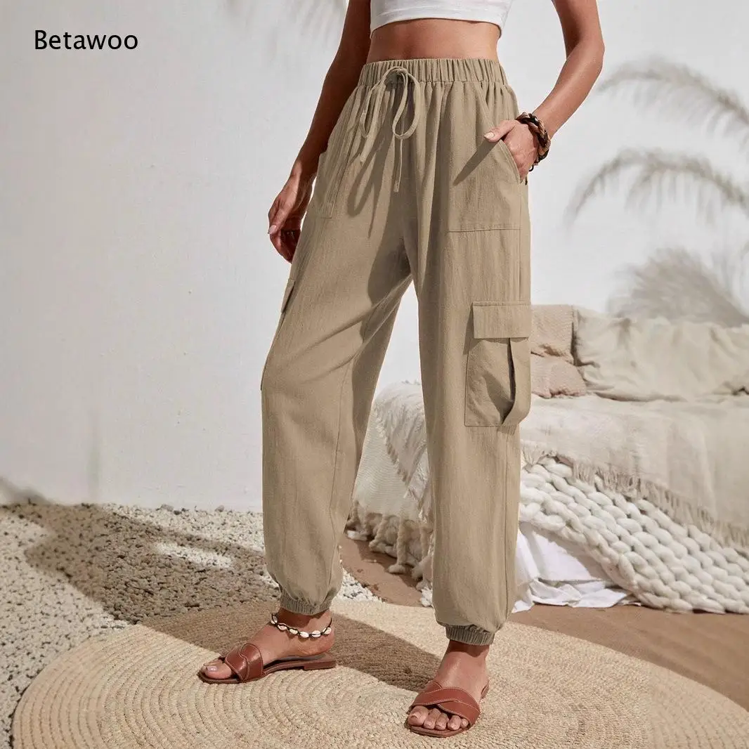 Women Drawstring Elastic Waist Cargo Jogger Pants Multi Side Pockets Lightweight Casual Trousers Multiple Solid Colors
