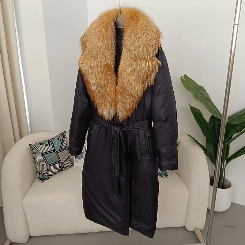 

FURYOURSELF 2023 Real Gold Fox Fur Collar Winter Women 90% White Duck Down Long Jacket Belt Female Warm Coat Luxury Outerwear