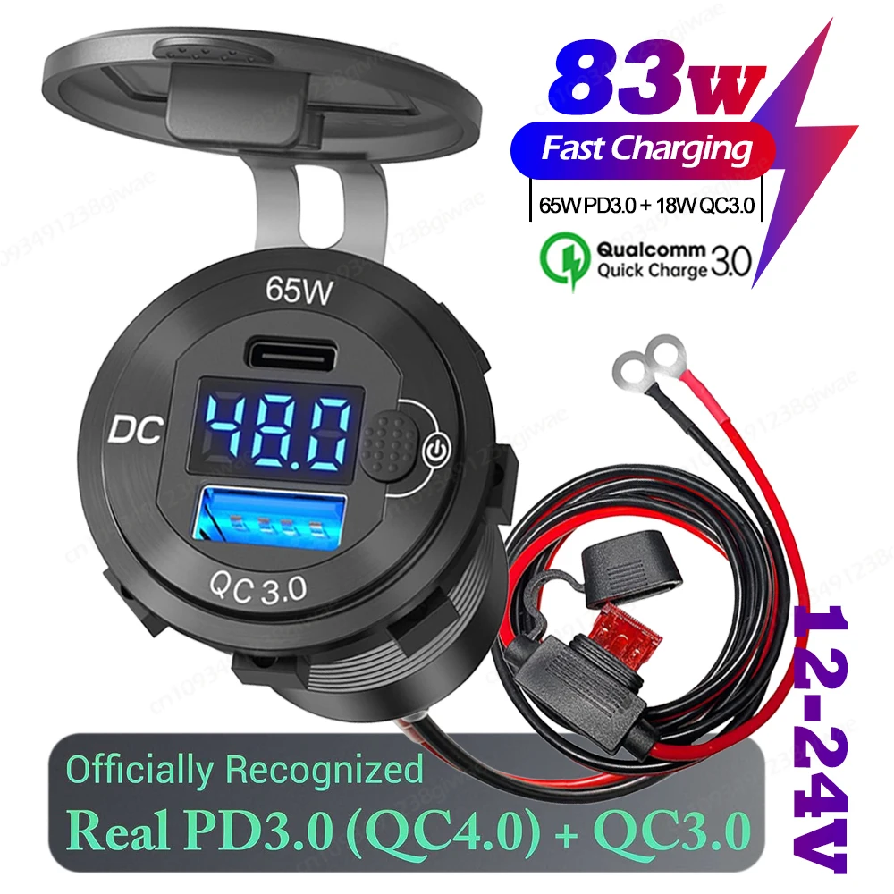 12V USB Outlet Aluminum Laptop Car Charger PD3.0 65W & QC3.0 18W USB Port Socket Waterproof Fast Phone Charger for Bus RV Truck