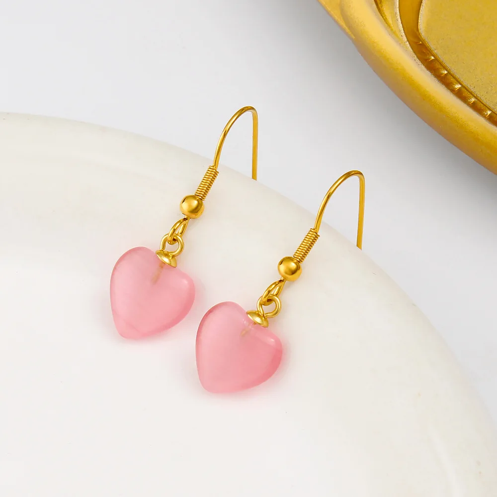 الفرنسية خمر الحجر الطبيعي عين القط قلادة الأقراط مع السنانير على شكل قلب، القلب الخوخ، الأقراط النمط الصيني #4